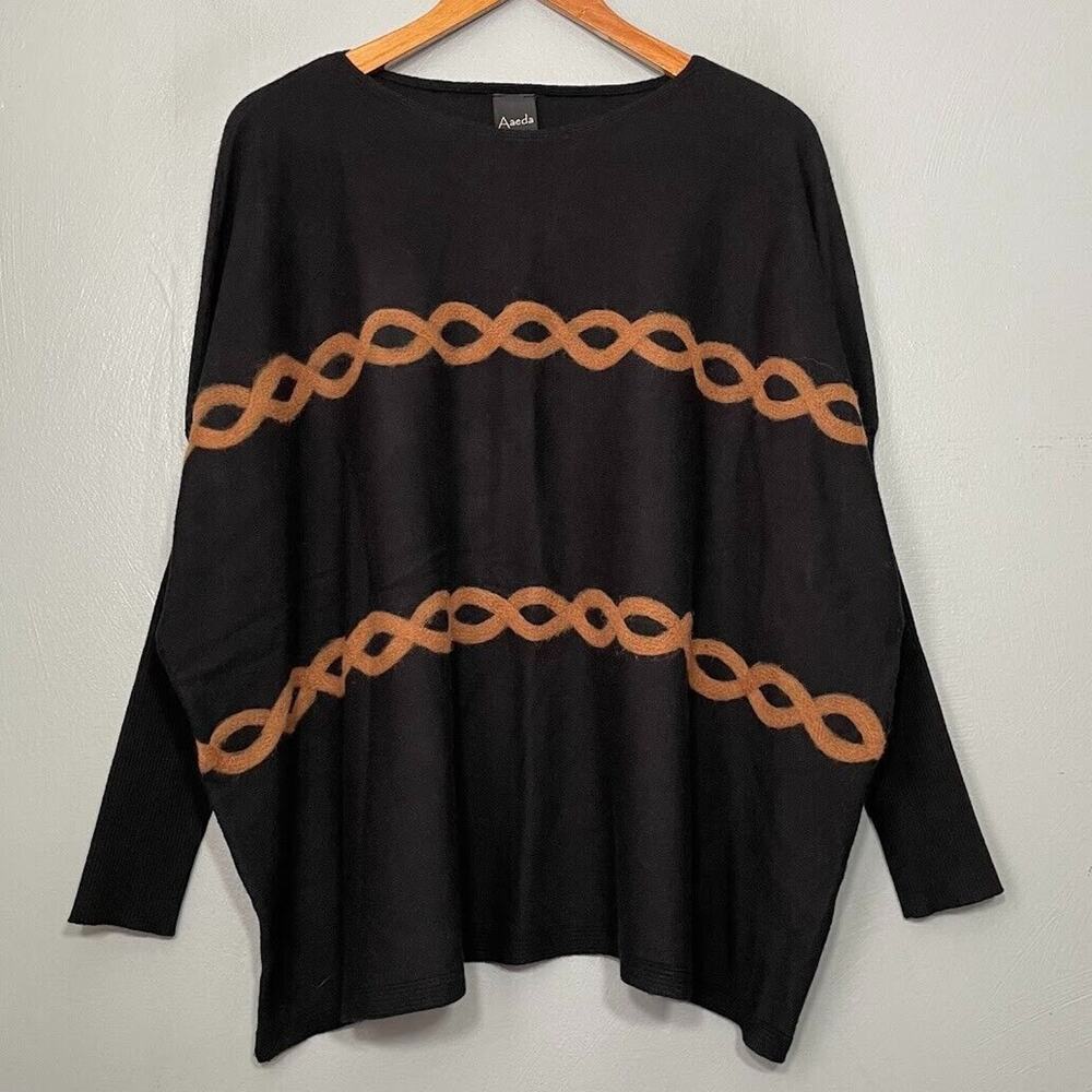 Aaeda Slouchy Sweater Size Large Black Brown Cable Old Money Equestrian Preppy